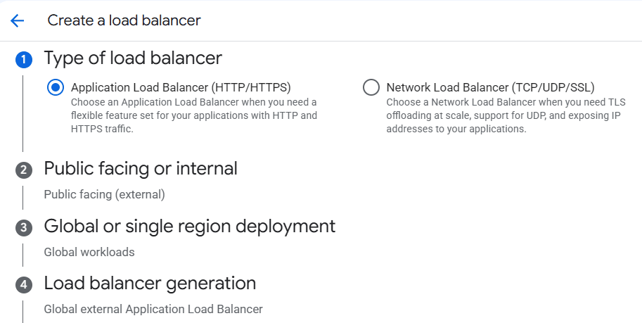 Écran Create a load balancer de la console Google Cloud avec les quatre réponses de PayApp : Application Load Balancer en HTTP/HTTPS plutôt que Network Load Balancer, Public facing external, Global workloads, et génération Global external Application Load Balancer
