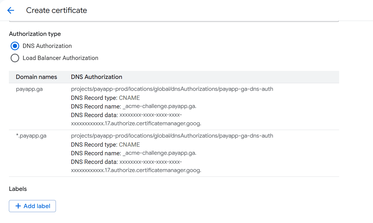 Tableau DNS Authorization de la console : payapp.ga et *.payapp.ga renvoient tous deux à l'autorisation payapp-ga-dns-auth, avec le même DNS Record name _acme-challenge.payapp.ga et la même cible en authorize.certificatemanager.goog