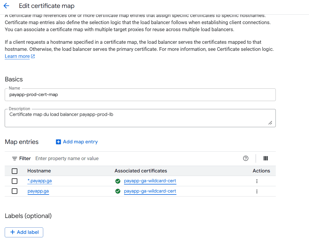 Écran de la certificate map payapp-prod-cert-map dans Certificate Manager : deux entrées, *.payapp.ga et payapp.ga, toutes deux associées au certificat payapp-ga-wildcard-cert avec une coche verte