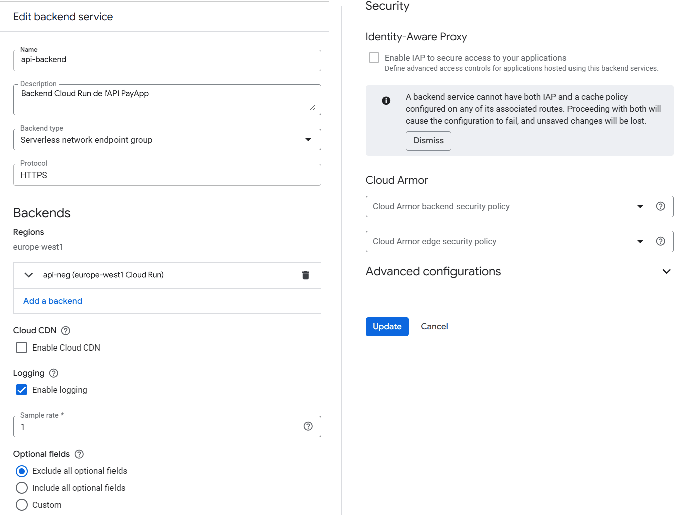Formulaire du backend service api-backend une fois le Backend type passé en Serverless network endpoint group : le NEG api-neg en europe-west1, Cloud CDN décoché, logging activé au sample rate 1, puis Identity-Aware Proxy décoché et aucune politique Cloud Armor sélectionnée
