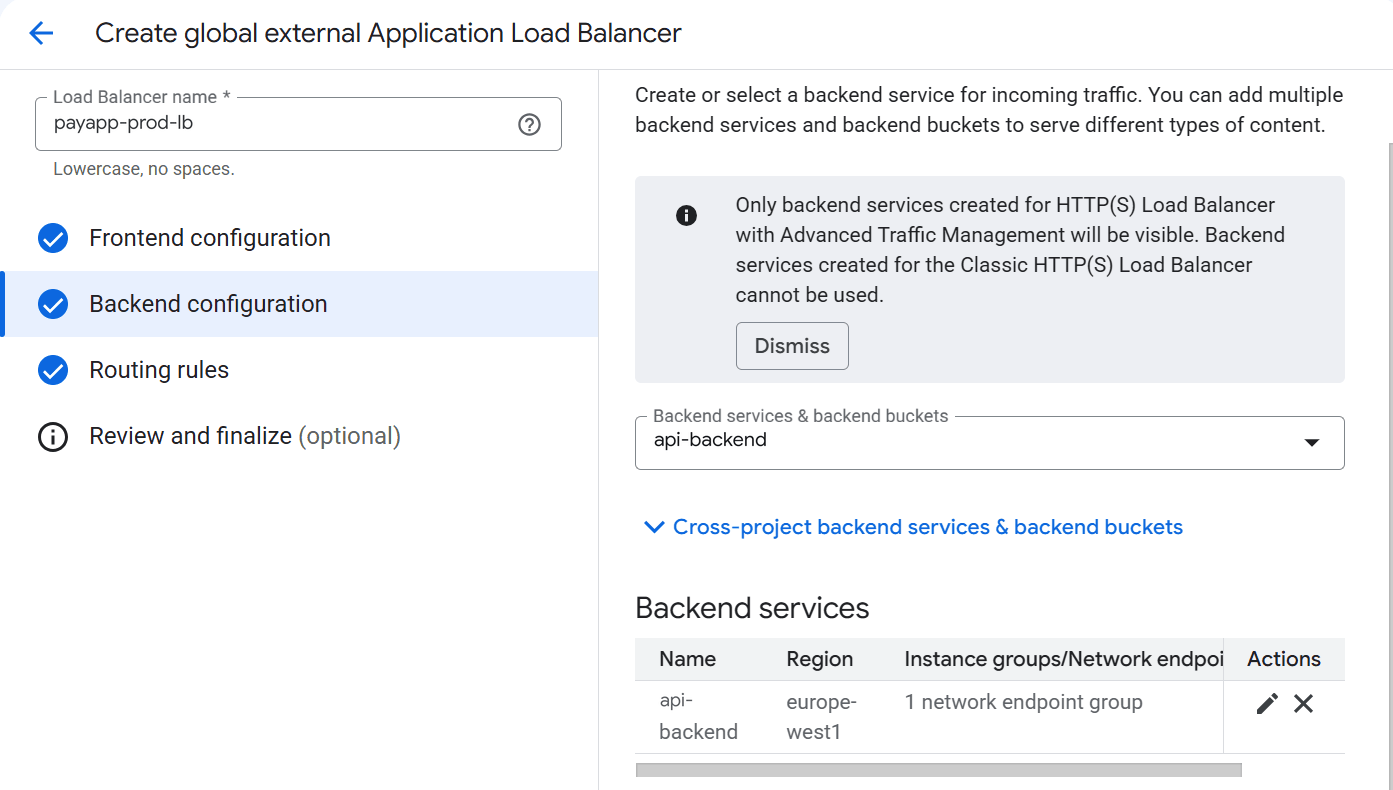 Étape Backend configuration de l'assistant Create global external Application Load Balancer : le load balancer payapp-prod-lb, le backend service api-backend en région europe-west1 avec 1 network endpoint group