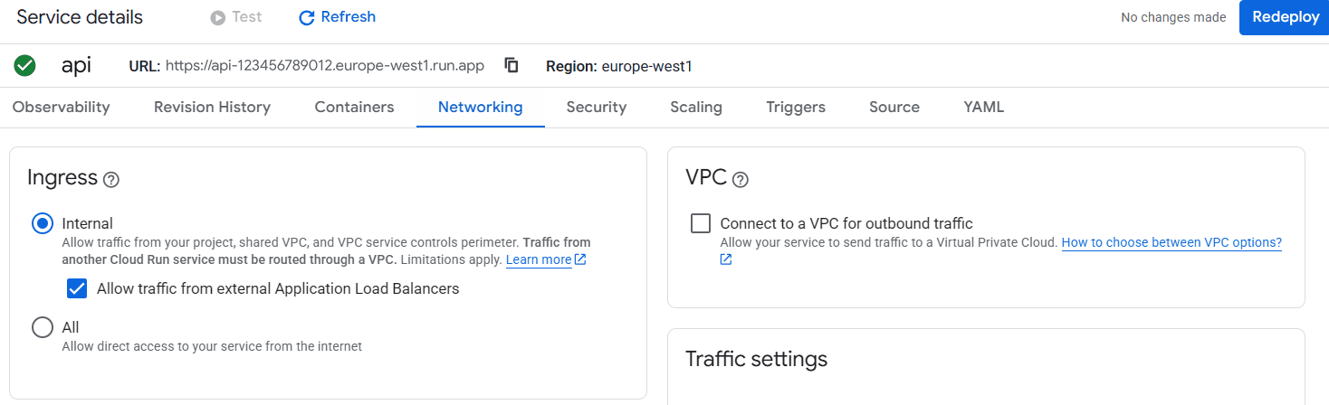 Onglet Networking du service Cloud Run api en europe-west1 : l'ingress est sur Internal, la case Allow traffic from external Application Load Balancers est cochée, et l'option All qui autorise l'accès direct depuis Internet est décochée