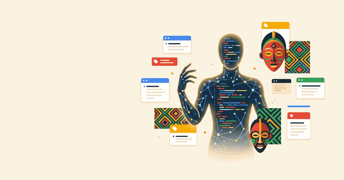 Google Antigravity : un agent IA aligné sur les règles d'une équipe (Rules, Skills, Workflows, Tâches planifiées), palette Google et ornements pagne, contexte GDG Libreville, par BANGA Romaric