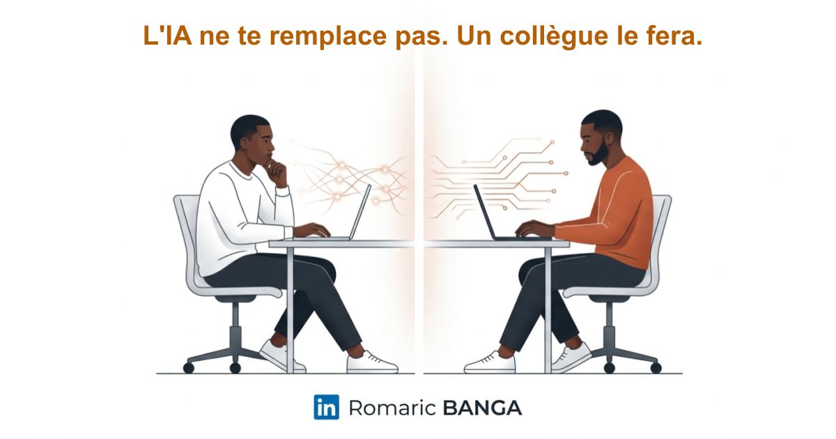 Deux développeurs africains se faisant face à un bureau partagé scindé par une ligne, l'IA circulant entre leurs écrans sous forme de réseau neuronal et de circuits — la division silencieuse des équipes, BANGA Romaric
